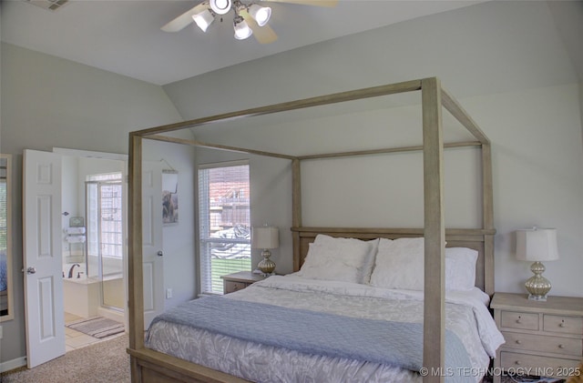 14230 S Urbana Ave, Bixby, OK 74008 - carpeted bedroom with lofted ceiling, ensuite bath, and ceiling fan
