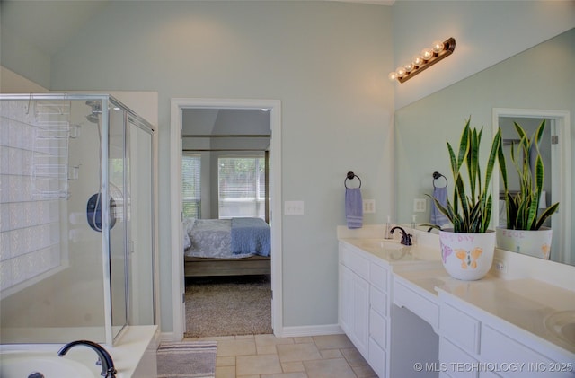 14230 S Urbana Ave, Bixby, OK 74008 - bathroom with double vanity, a stall shower, lofted ceiling, and ensuite bath