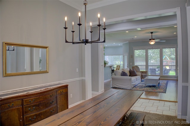 14230 S Urbana Ave, Bixby, OK 74008 - dining area with ornamental molding, a ceiling fan, a chandelier, and tile patterned flooring