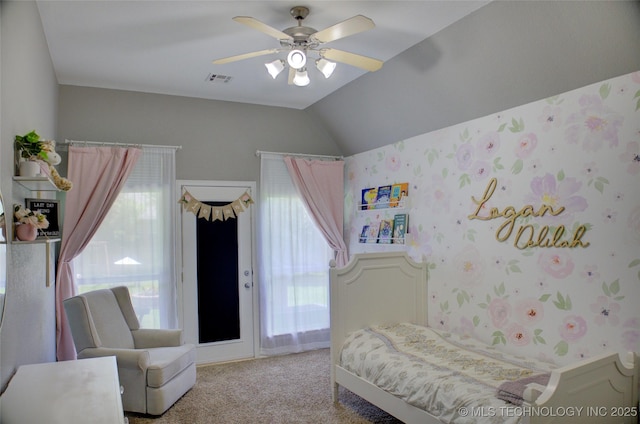 14230 S Urbana Ave, Bixby, OK 74008 - bedroom featuring light carpet, wallpapered walls, vaulted ceiling, and a ceiling fan