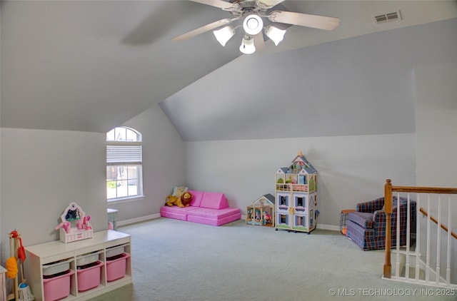 14230 S Urbana Ave, Bixby, OK 74008 - rec room with carpet floors, lofted ceiling, and ceiling fan