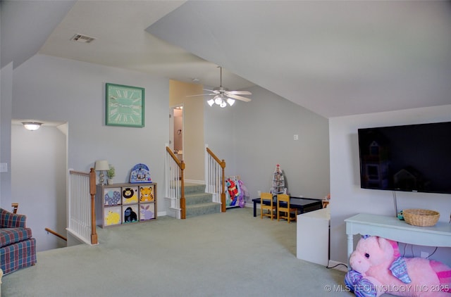 14230 S Urbana Ave, Bixby, OK 74008 - playroom featuring lofted ceiling, carpet flooring, and a ceiling fan