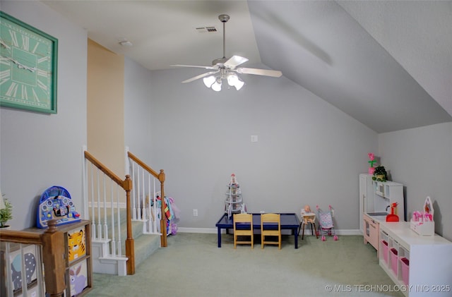 14230 S Urbana Ave, Bixby, OK 74008 - rec room featuring vaulted ceiling, light carpet, and ceiling fan