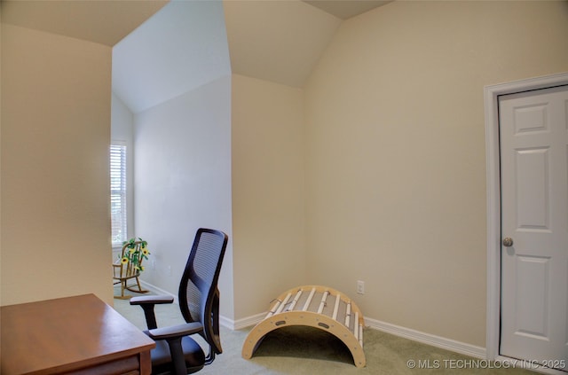 14230 S Urbana Ave, Bixby, OK 74008 - carpeted home office featuring baseboards and lofted ceiling