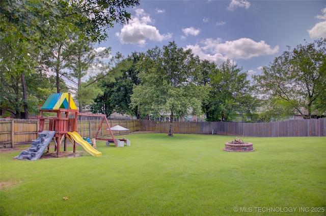 14230 S Urbana Ave, Bixby, OK 74008 - fenced backyard featuring an outdoor fire pit and a playground