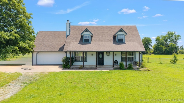 19935 Mountain Ln, Claremore, OK 74019 - cape cod-style house with driveway, a porch, an attached garage, a chimney, and roof with shingles