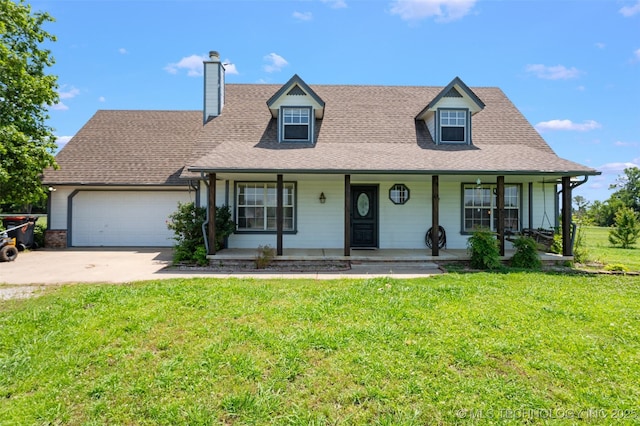 19935 Mountain Ln, Claremore, OK 74019 - view of front of house with an attached garage, concrete driveway, a porch, a chimney, and a front yard