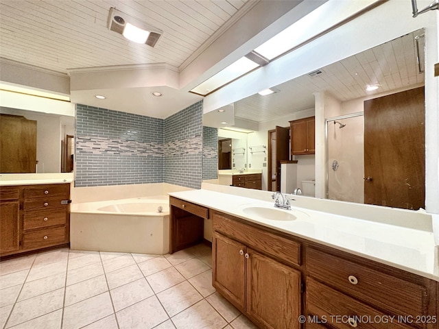 6223 S Cedar Pl, Broken Arrow, OK 74011 - bathroom featuring a bath, two vanities, ornamental molding, tile patterned flooring, and a shower stall