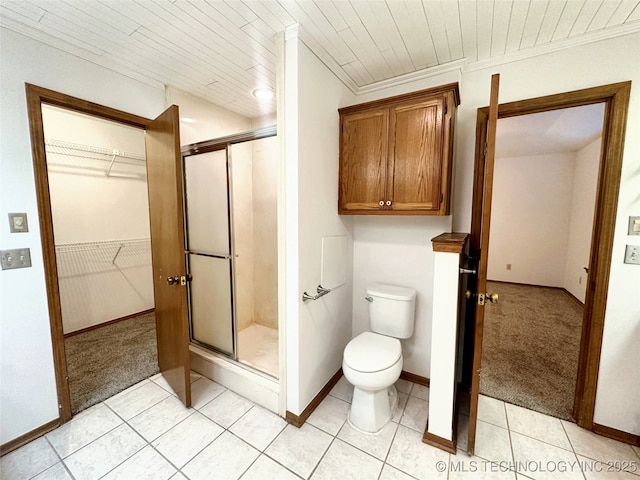 6223 S Cedar Pl, Broken Arrow, OK 74011 - full bath featuring a stall shower, wooden ceiling, tile patterned floors, and a spacious closet