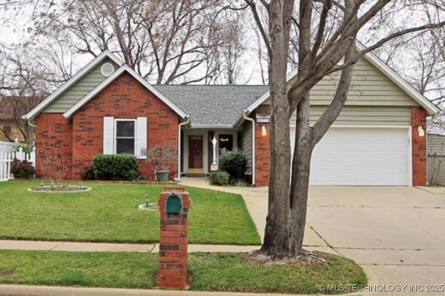 6223 S Cedar Pl, Broken Arrow, OK 74011 - view of front of property featuring brick siding, concrete driveway, a garage, and a front yard