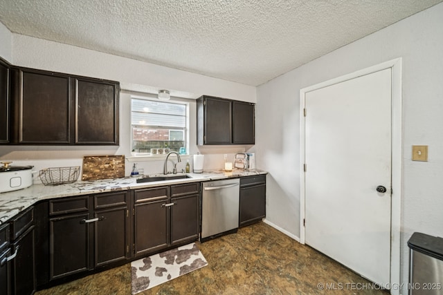 13728 S Birch St, Glenpool, OK 74033 - kitchen featuring stainless steel dishwasher, a textured ceiling, dark brown cabinetry, and light stone countertops