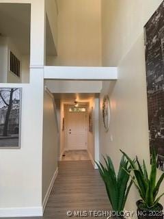 4822 S Quaker Ave, Tulsa, OK 74105 - corridor featuring wood finished floors and a towering ceiling