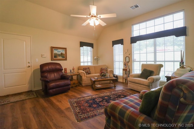 12310 S Mesa Rd, Sapulpa, OK 74066 - living area with wood finished floors, a ceiling fan, and vaulted ceiling