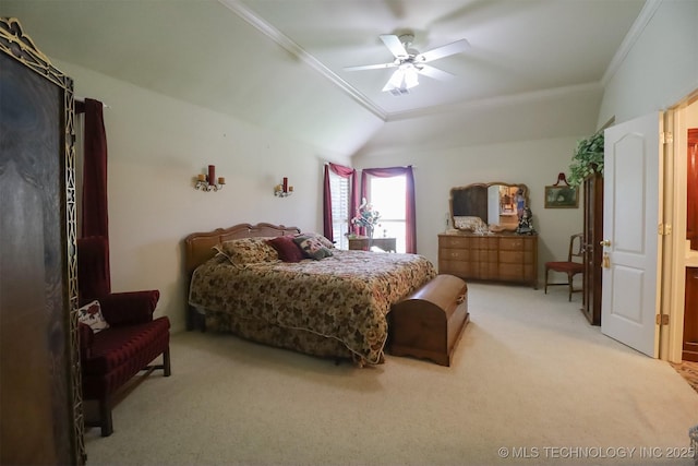 12310 S Mesa Rd, Sapulpa, OK 74066 - bedroom featuring crown molding, light carpet, vaulted ceiling, and ceiling fan