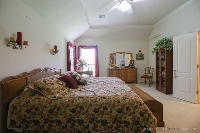 12310 S Mesa Rd, Sapulpa, OK 74066 - bedroom featuring light carpet, lofted ceiling, crown molding, and a ceiling fan
