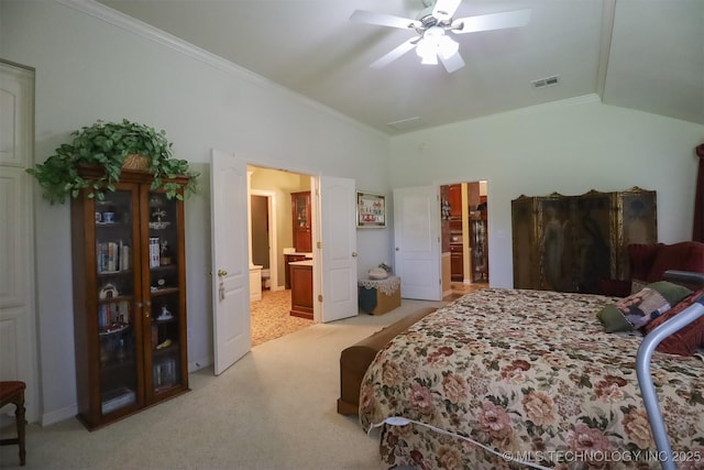 12310 S Mesa Rd, Sapulpa, OK 74066 - bedroom with light colored carpet, lofted ceiling, connected bathroom, crown molding, and ceiling fan