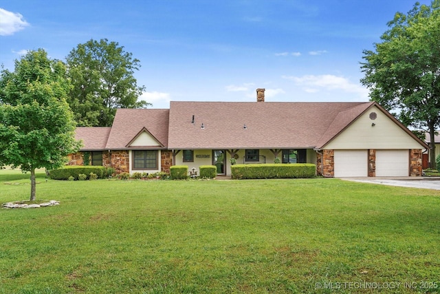 4152 W Oak St, Skiatook, OK 74070 - view of front of home with a garage, a front yard, driveway, a chimney, and stone siding