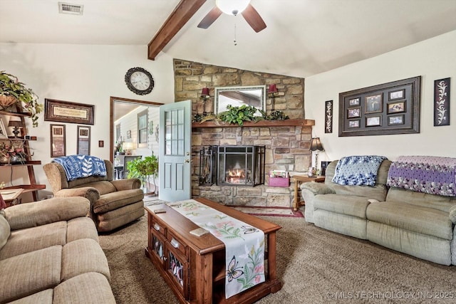 4152 W Oak St, Skiatook, OK 74070 - carpeted living room with a ceiling fan and a fireplace