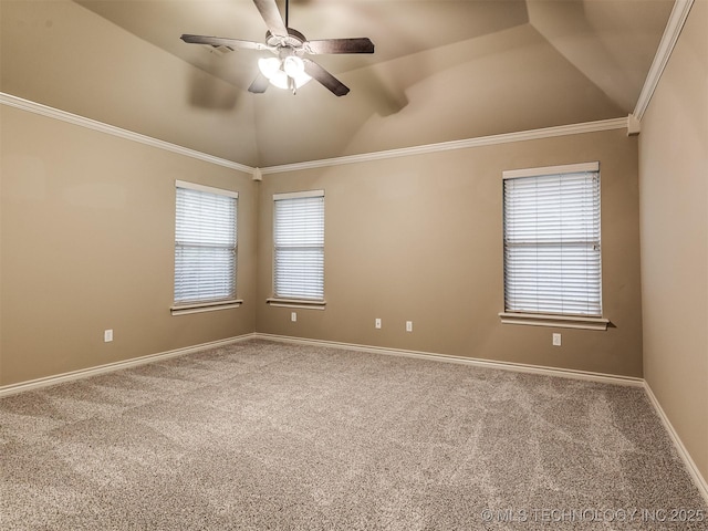 4667 E 144th Pl S, Bixby, OK 74008 - spare room with lofted ceiling, carpet flooring, a ceiling fan, and crown molding