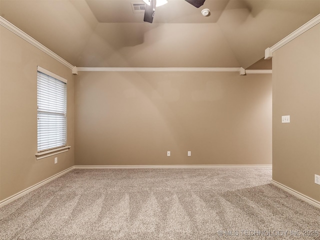 4667 E 144th Pl S, Bixby, OK 74008 - carpeted spare room with a ceiling fan, lofted ceiling, and ornamental molding