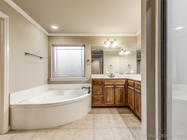 4667 E 144th Pl S, Bixby, OK 74008 - full bath with vanity, a garden tub, ornamental molding, tile patterned flooring, and recessed lighting