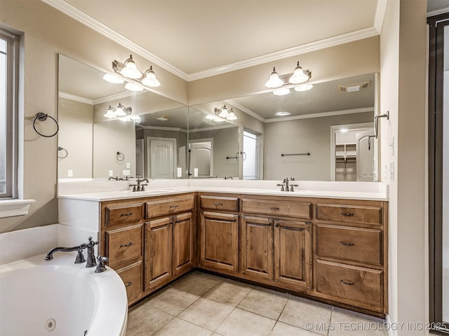 4667 E 144th Pl S, Bixby, OK 74008 - full bathroom with tile patterned flooring, double vanity, crown molding, and a jetted tub