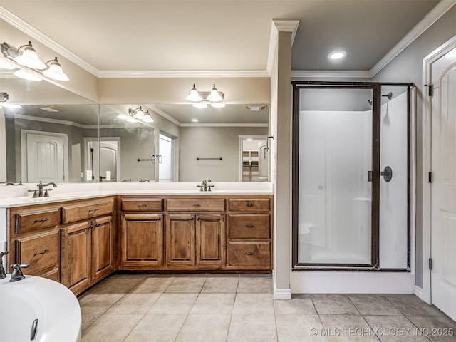 4667 E 144th Pl S, Bixby, OK 74008 - bathroom with a stall shower, double vanity, tile patterned floors, ornamental molding, and recessed lighting