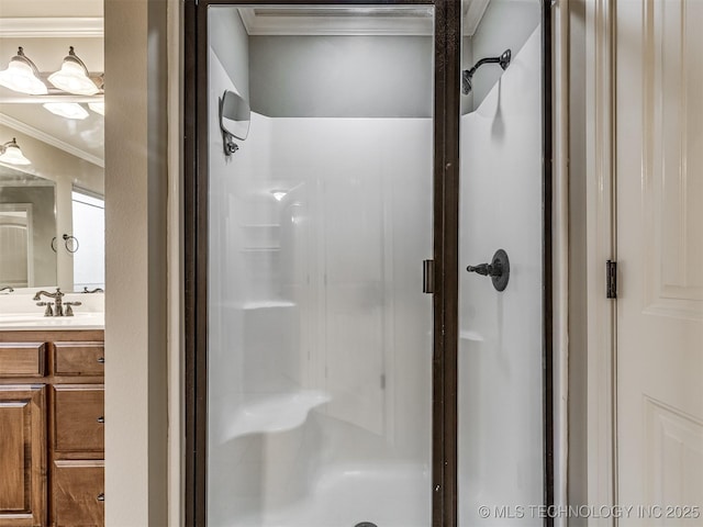 4667 E 144th Pl S, Bixby, OK 74008 - bathroom with crown molding, a shower stall, and vanity
