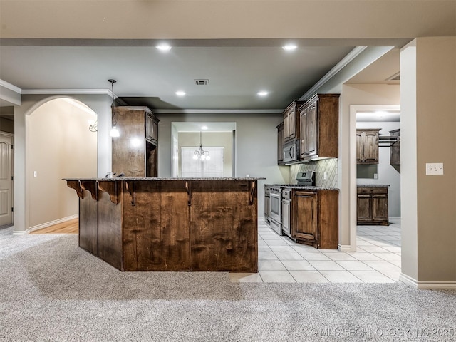 4667 E 144th Pl S, Bixby, OK 74008 - kitchen featuring appliances with stainless steel finishes, dark stone countertops, light colored carpet, crown molding, and a breakfast bar