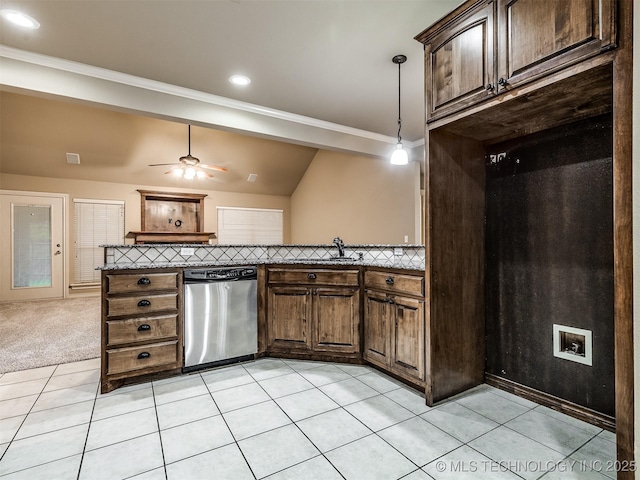 4667 E 144th Pl S, Bixby, OK 74008 - kitchen with dishwasher, light tile patterned floors, crown molding, recessed lighting, and ceiling fan