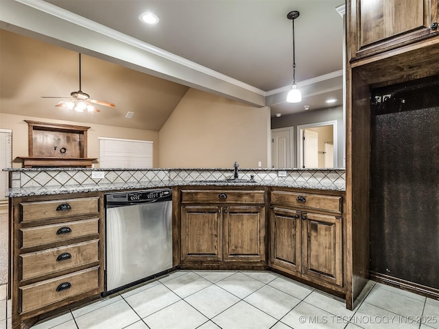4667 E 144th Pl S, Bixby, OK 74008 - kitchen with stainless steel dishwasher, ornamental molding, a ceiling fan, light tile patterned flooring, and pendant lighting