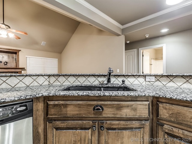4667 E 144th Pl S, Bixby, OK 74008 - kitchen with dishwasher, stone countertops, ceiling fan, ornamental molding, and decorative backsplash