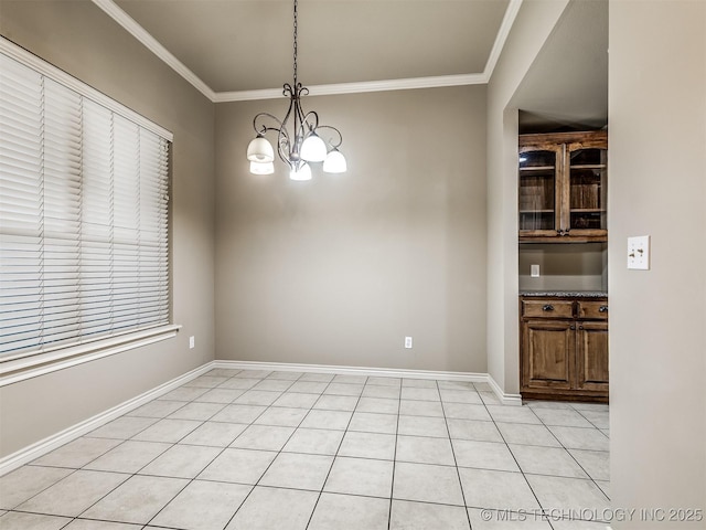 4667 E 144th Pl S, Bixby, OK 74008 - unfurnished dining area with crown molding, a chandelier, and light tile patterned floors