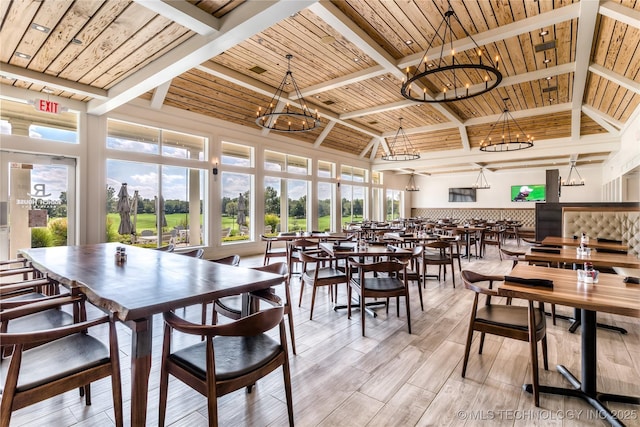 1416 N 71st St, Broken Arrow, OK 74014 - dining area featuring wood ceiling, a chandelier, plenty of natural light, and light wood finished floors
