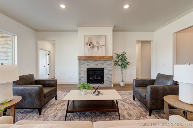 1416 N 71st St, Broken Arrow, OK 74014 - living room featuring ornamental molding, wood finished floors, a fireplace, and recessed lighting