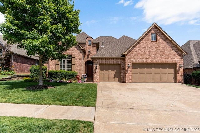 2015 W 109th St, Jenks, OK 74037 - view of front of house with brick siding, a front lawn, driveway, an attached garage, and a shingled roof