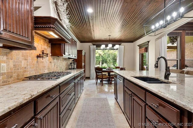 2015 W 109th St, Jenks, OK 74037 - kitchen with stainless steel appliances, backsplash, light stone counters, dark brown cabinets, and wood ceiling