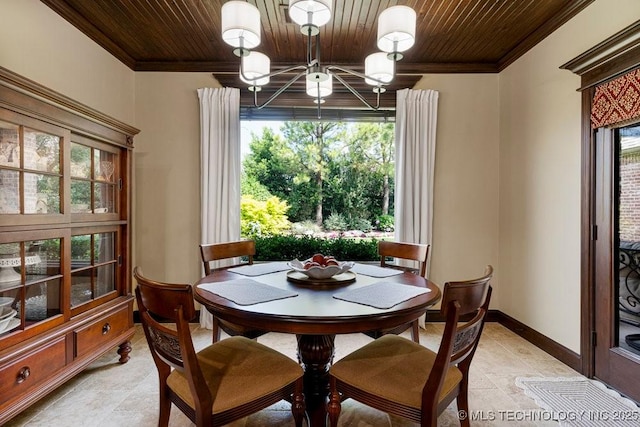 2015 W 109th St, Jenks, OK 74037 - dining space featuring ornamental molding, wood ceiling, plenty of natural light, and a chandelier