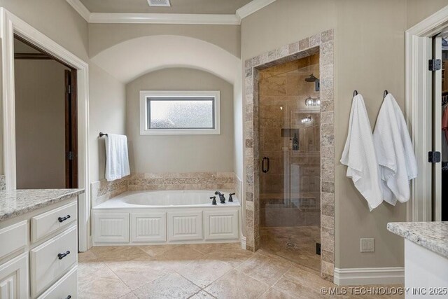 2015 W 109th St, Jenks, OK 74037 - full bath featuring a bath, vanity, a stall shower, and ornamental molding