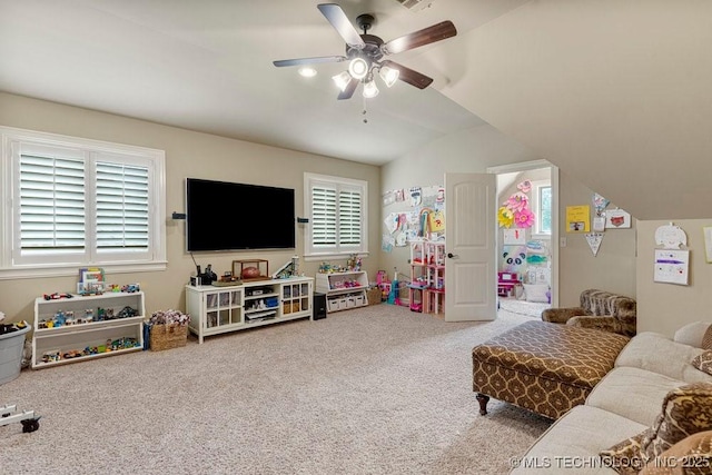 2015 W 109th St, Jenks, OK 74037 - playroom with carpet floors, ceiling fan, healthy amount of natural light, and vaulted ceiling
