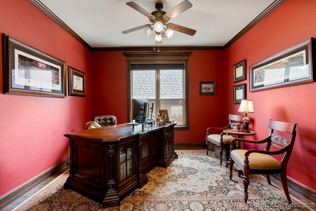 2015 W 109th St, Jenks, OK 74037 - office space featuring a ceiling fan, wood finished floors, and ornamental molding