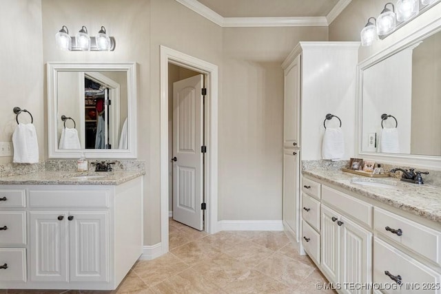 2015 W 109th St, Jenks, OK 74037 - bathroom with two vanities, crown molding, and a spacious closet