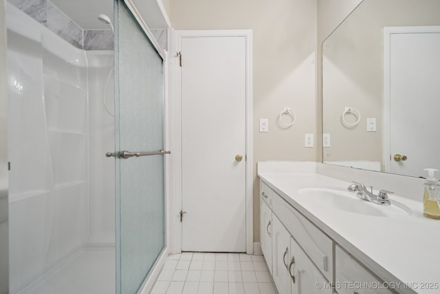 3002 E 80th Pl, Tulsa, OK 74136 - full bath featuring vanity, a shower stall, and tile patterned flooring