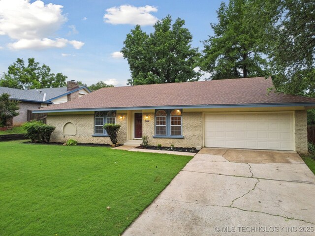 3002 E 80th Pl, Tulsa, OK 74136 - ranch-style house featuring a garage, driveway, brick siding, and a front lawn