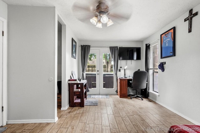 2605 W Atlanta Ct, Broken Arrow, OK 74012 - office with light wood-style floors, a ceiling fan, and french doors