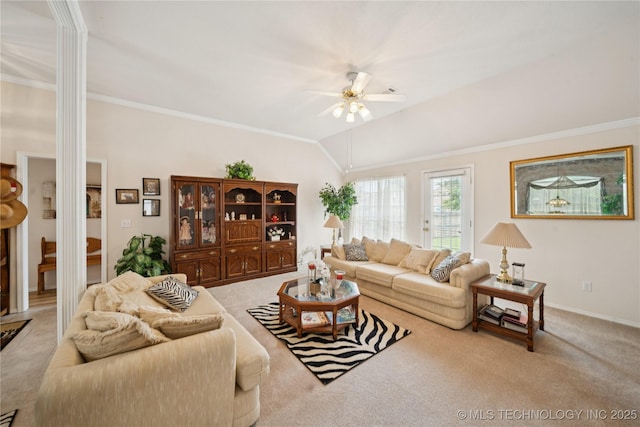 1101 S Yellowood Ave, Broken Arrow, OK 74012 - carpeted living area with a ceiling fan, vaulted ceiling, and crown molding