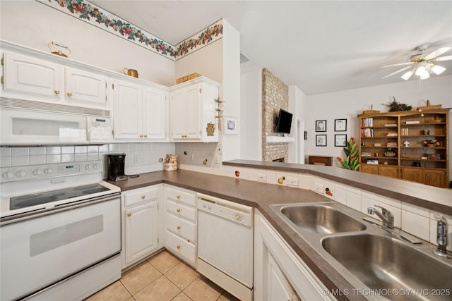 1101 S Yellowood Ave, Broken Arrow, OK 74012 - kitchen featuring white appliances, a ceiling fan, backsplash, and white cabinetry