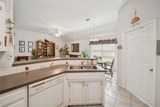 1101 S Yellowood Ave, Broken Arrow, OK 74012 - kitchen with white dishwasher, light tile patterned floors, dark countertops, and a ceiling fan