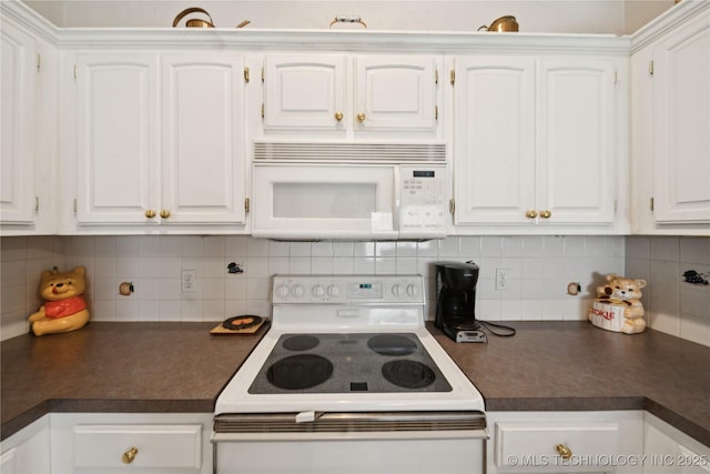 1101 S Yellowood Ave, Broken Arrow, OK 74012 - kitchen with white appliances, dark countertops, white cabinets, and tasteful backsplash