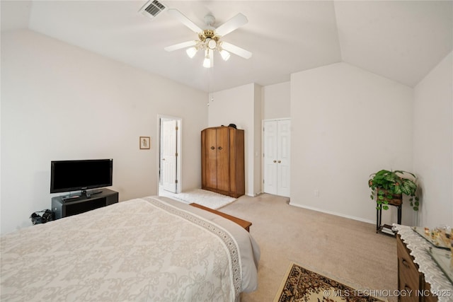 1101 S Yellowood Ave, Broken Arrow, OK 74012 - bedroom featuring vaulted ceiling, light carpet, a ceiling fan, and a closet